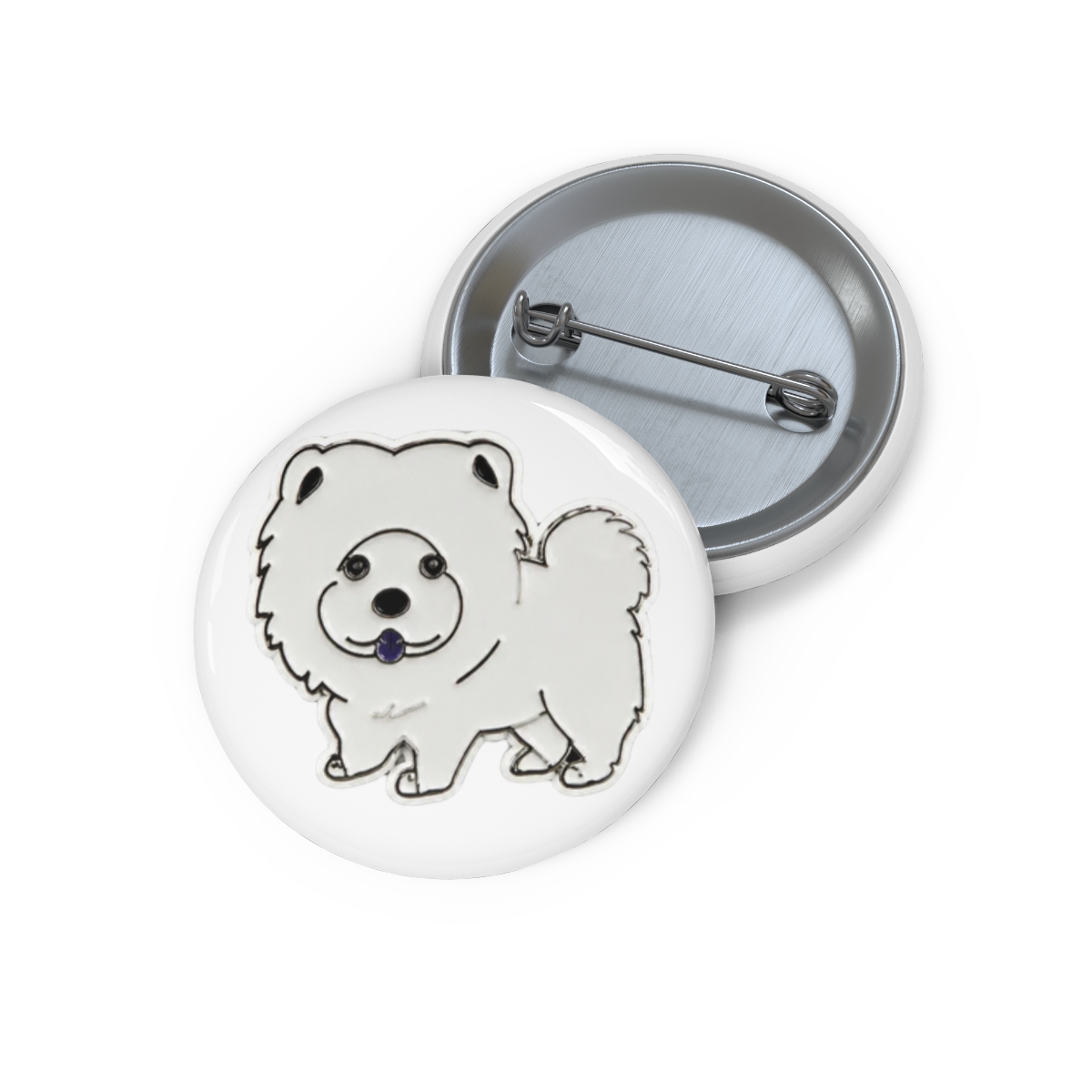 White enamel pin featuring a cartoon Chow Chow dog with a purple tongue. The dog is standing on all four paws and has a white outline