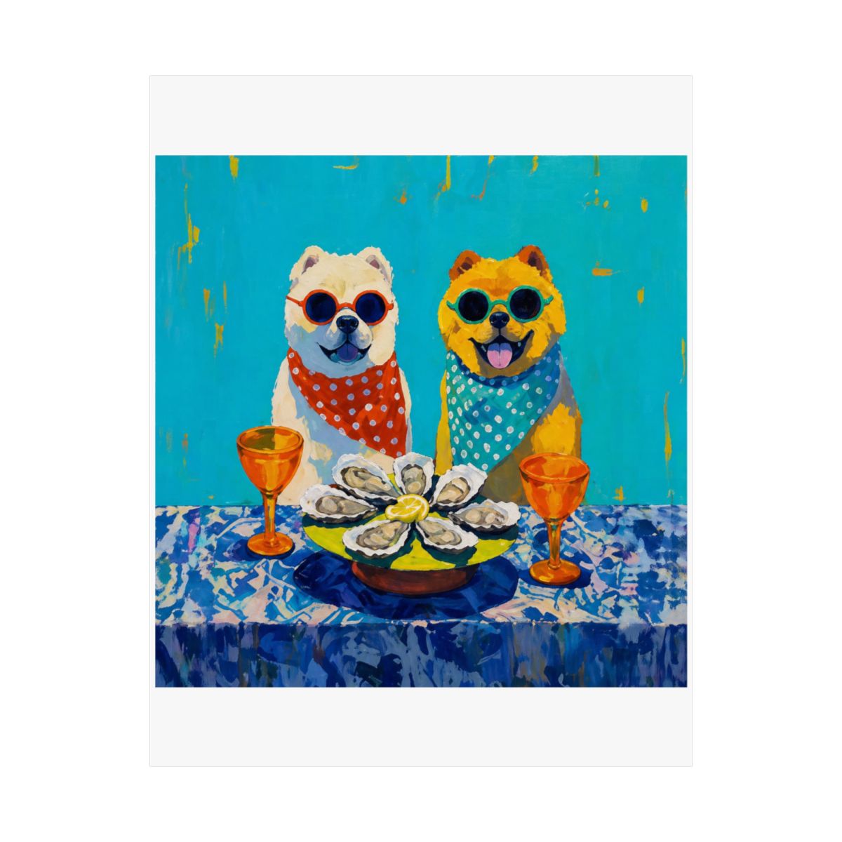 Chow Chow Brunch In Mykonos Art Print, Oysters Cocktails Dining Art, Whimsical Dog Painting